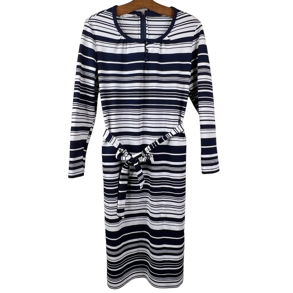 Bleeker Street Vintage 70s Dress Size Medium Office Dress Tie Blue White Stripe